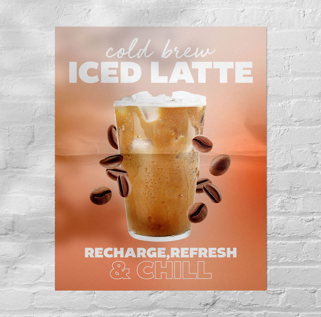 a poster on a brick wall advertising iced latte