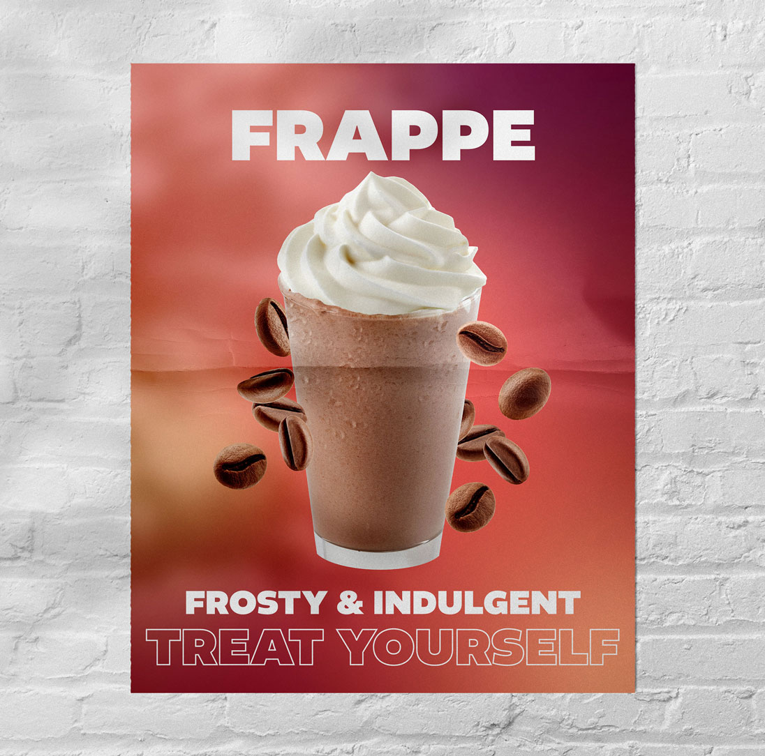 A poster on a brick wall advertising frappe