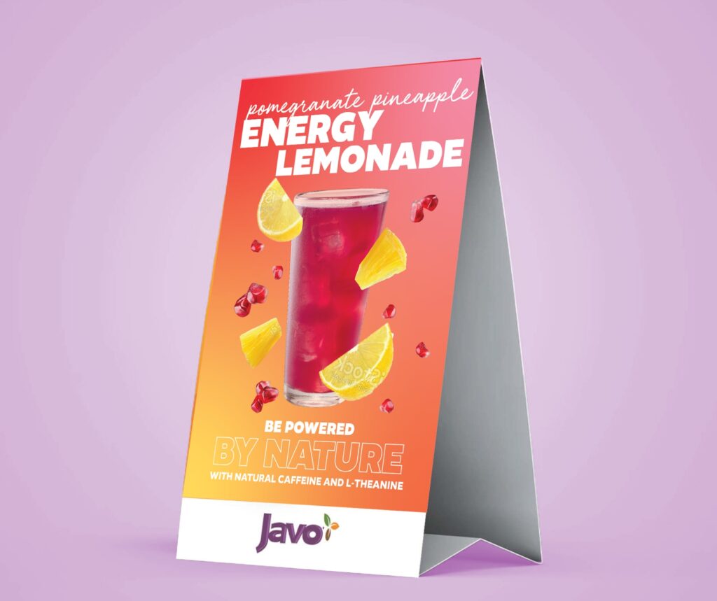 a sign advertising a lemonade drink on a purple background