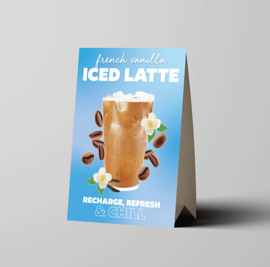 a card with a picture of an iced latte