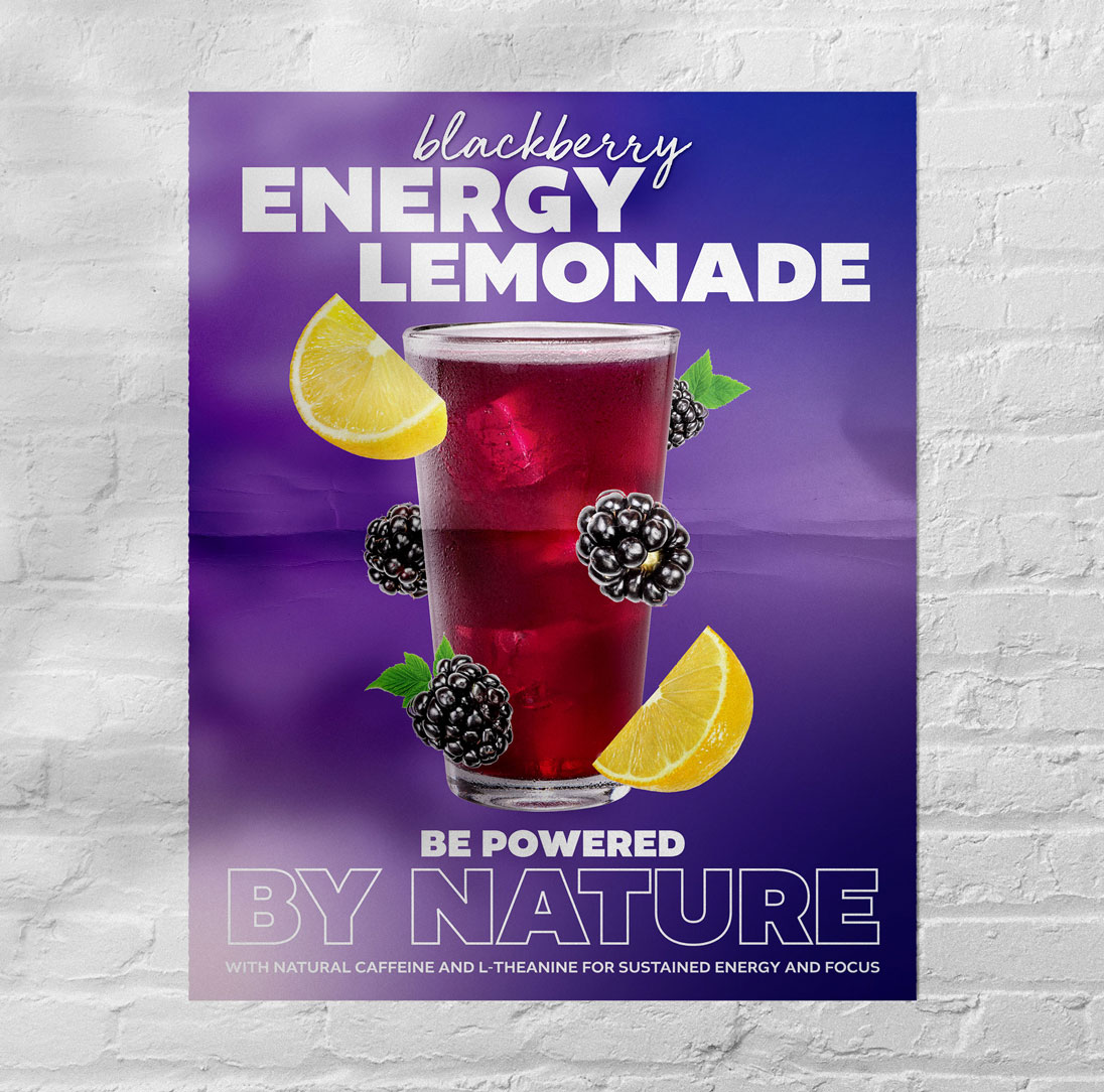a blackberry lemonade drink poster displayed on a white brick wall