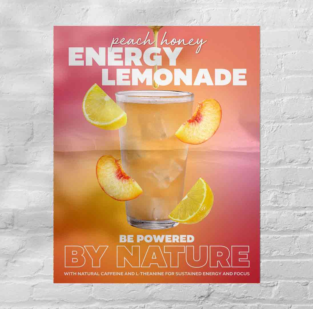 a lemonade drink poster displayed on a brick wall