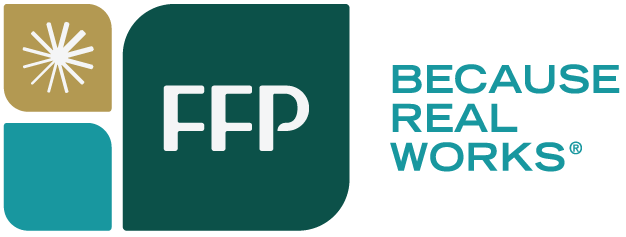 the fpp logo with the words because real works