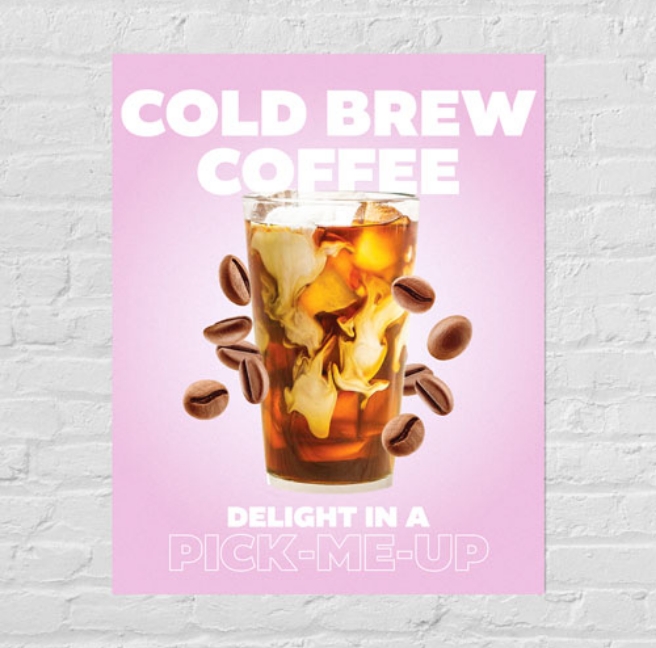 A poster featuring a refreshing cold drink garnished with ice and coffee beans