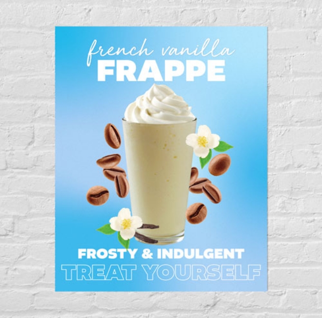 A white brick wall with a poster of a frosty and indulgent treat