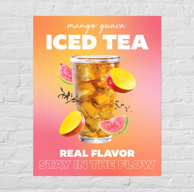A poster featuring a refreshing glass of iced tea and slices of juicy watermelon