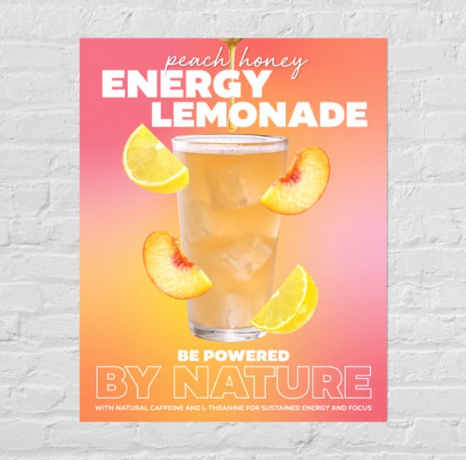 A poster featuring a refreshing glass of lemonade displayed on a brick wall